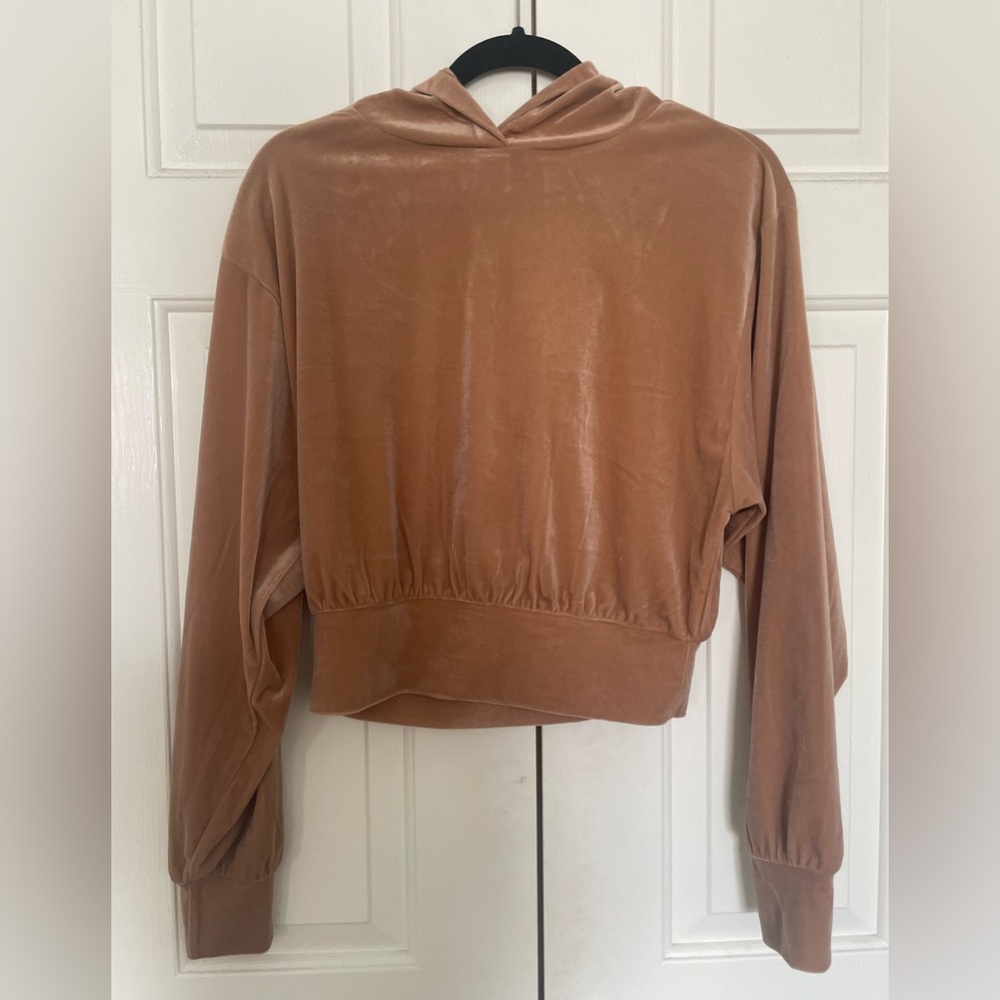 NWOT Express Tan/Caramel Velour Long Sleeve Hooded Crop Sweatshirt